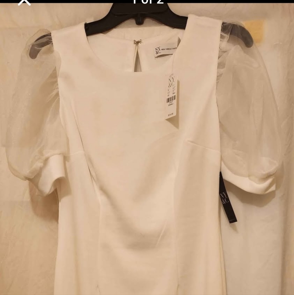 New York & Company White Dress with Sheer Sleeves